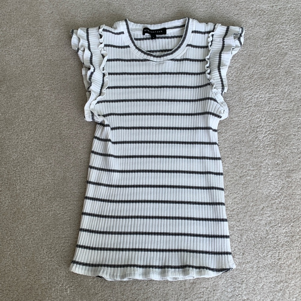EUC Gibsonlook Ruffled Ribbed Tank in white with black stripes Small
